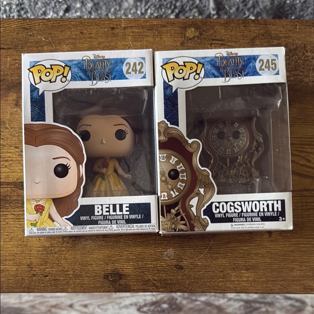 Funko Pop Disney Belle in Yellow Dress and Cogsworth Figures